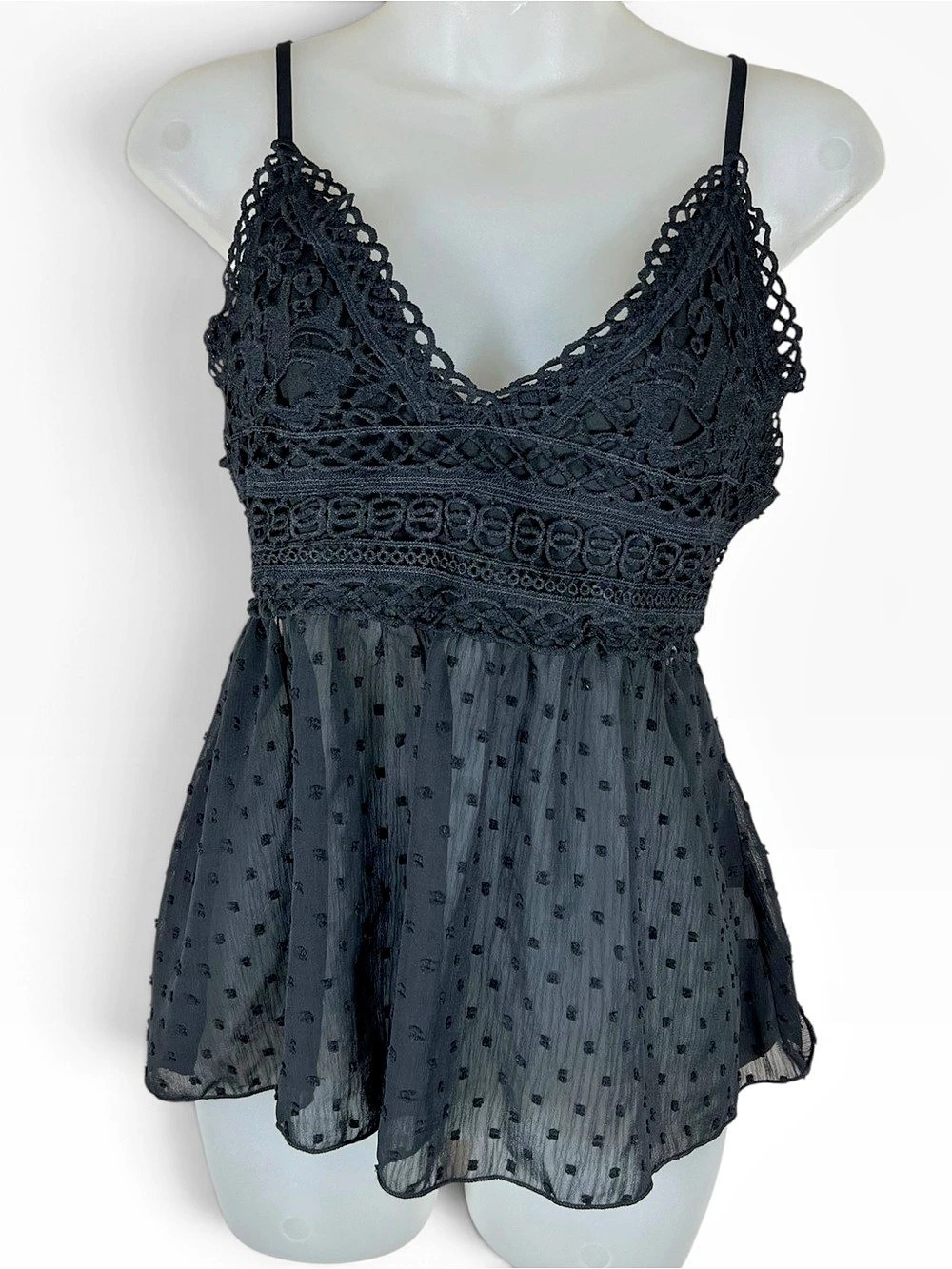 Whimsigoth Babydoll Top Size M Black Crochet Lace Swiss Dot Open Back Coquette